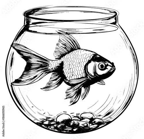 Hand drawn line art illustration of a goldfish in a fishbowl depicting a swimming pet for pet care design