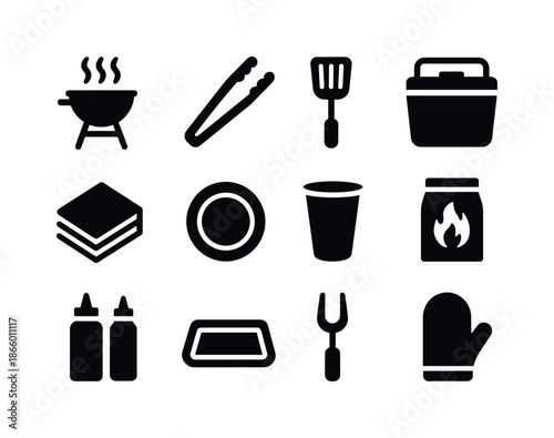 Cookout Essentials Icons. Cookout essentials. Solid icon set of cookout essentials: grill, tongs, spatula, cooler, napkins, plate, cup, charcoal bag,