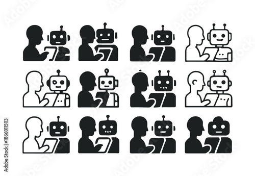 Robot Control Icons. A person controlling a robot via a tablet. Icon set. Set Logo of A person controlling a robot via a tablet: Robot Head Displaying Input
