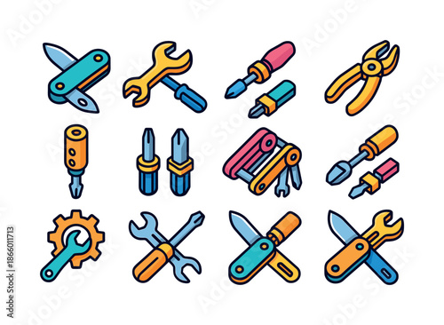 Colorful Tool Icons. Combined tools. Colorful isometric vector icons set of combined tools: multitool blade, hybrid wrench, combo screwdriver, dual-purpose