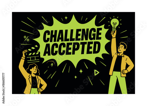 Bold Challenge Accepted Banner. Challenge accepted banner, flat vector illustration, bold oversized text inside comic burst, cartoon characters pointing and