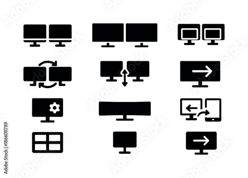 Multiscreen Icon Set. Multiscreen usage. Solid icon set of Multiscreen usage: dual monitor setup, extended display, mirrored display, screen swap arrows,