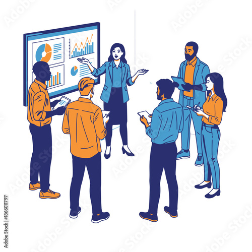 Diverse business team conducting an energetic stand up meeting in a modern open plan office, reviewing data charts on a large screen, illustrated in a vibrant 2D flat graphic style