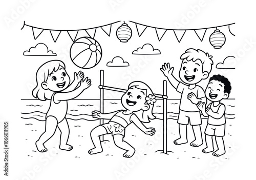 Beach Party Coloring. Beach party games children?s coloring book illustration, outlined drawing, a playful group enjoying beach ball toss and limbo near