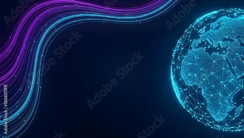 Futuristic digital blue globe earth with glowing purple neon wave lines background for technology
