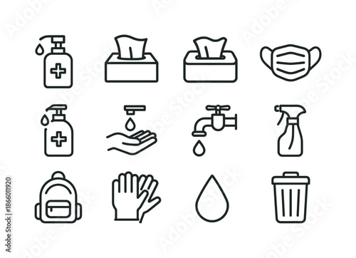 School Hygiene Icons. School hygiene. Line icon set of School hygiene: sanitizer dispenser, tissue box, wipes, face mask, soap bottle, hand washing, water tap,