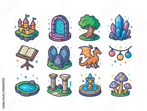 Colorful Fantasy Icons. Fantasy virtual worlds. Colorful isometric vector icons set of fantasy virtual worlds: floating castle, magic portal, enchanted tree,