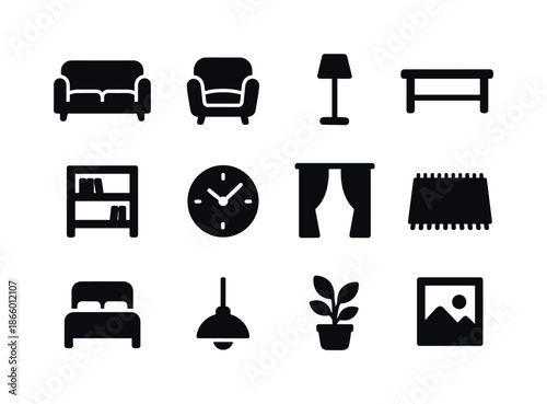 Monochrome Home Decor Icons. Monochrome home decor. Solid icon set of Monochrome home decor: sofa, armchair, floor lamp, coffee table, bookshelf, wall clock,