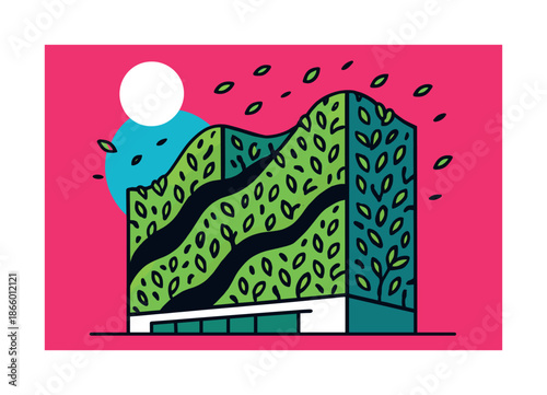 Verdant Living Walls. Biophilic design and green architecture ? living walls. Verdant plant panels rise like soft geometric waves; tiny leaves float as the