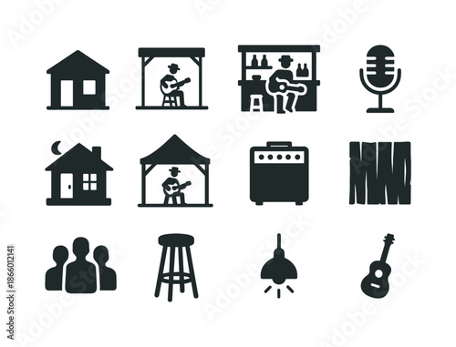 Blues Iconography Grid. Blues performance settings. Solid icon set of Blues performance settings: juke joint, street blues stage, dive bar, solo mic, night