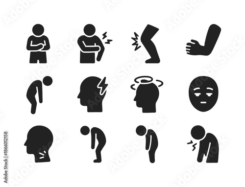 Body Discomfort Icons. Body discomfort. Solid icon set of Body discomfort: body ache, muscle tension, sore joints, heavy arms, slouch figure, headache pulse,
