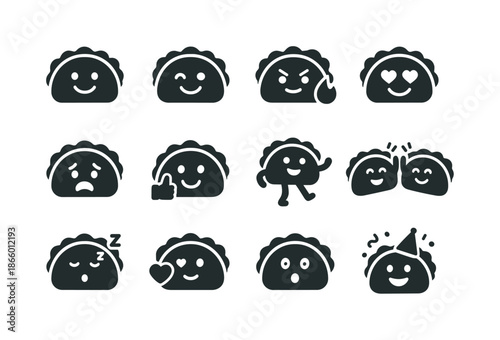 Taco Emoji Icons. Taco emojis. Solid icon set of Taco emojis: smiling taco, winking taco, spicy taco, heart eyes taco, crying taco, taco thumbs up, dancing