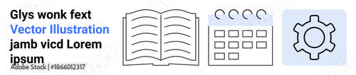 Open book for knowledge, calendar for scheduling, gear for settings. Ideal for education, time management, planning, academic research, productivity, configuration simple landing page