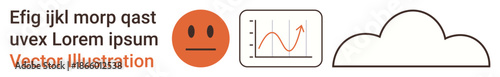 Data analysis, communication, emotive , digital tools, cloud computing, productivity. Minimal icons include a graph, a neutral emotion and a cloud. Data analysis and communication concept