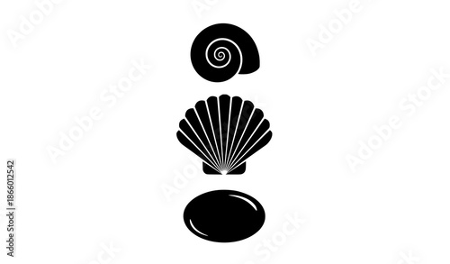 Minimal black sea shell silhouette icons vector set for coastal and ocean themed design