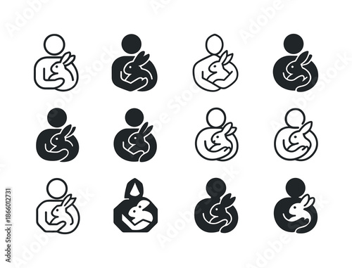 Rabbit Cuddle Icons. Cuddling with a pet rabbit. Icon set. Set Logo of Cuddling with a pet rabbit: rabbit in arms. harmonious logo variations of the same