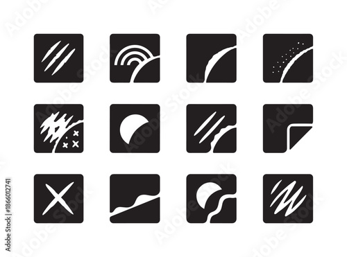 Iconic Color Reveal. Color reveal. Solid icon set of color reveal: scratched area, hidden rainbow, partial reveal, gradient scratch, patterned scratch,