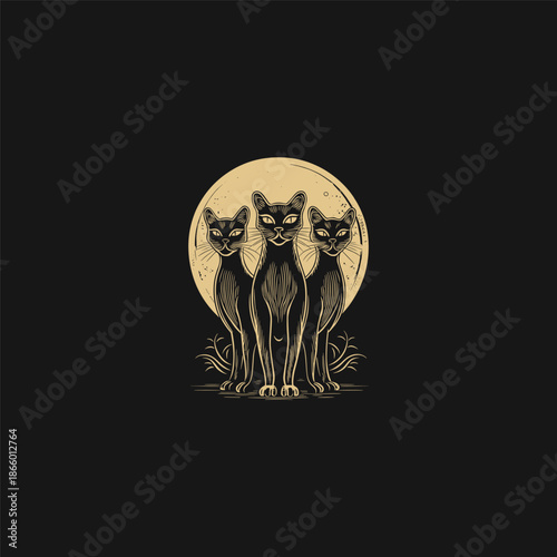 Vintage trio of black cats silhouette in front of a full moon, spooky mystical feline engraving illustration on black background.