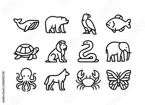 Massive Creatures Icons. Massive creatures. Line icon set of massive creatures: giant whale, huge bear, massive eagle, giant fish, oversized turtle, large