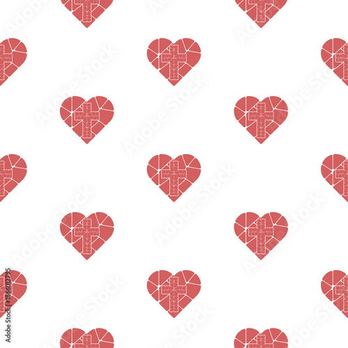 Abstract religious cross and heart seamless pattern isolated on white background