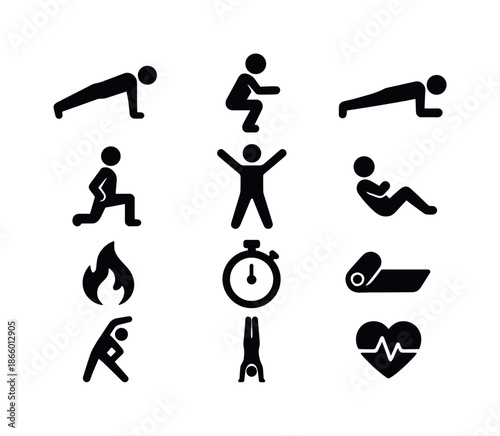 Bodyweight Training Icons. Bodyweight training. Solid icon set of bodyweight training: push-up figure, squat figure, plank pose, lunges, jumping jack, sit-up,