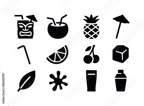 Exotic Cocktail Icons. Exotic cocktails. Solid icon set of exotic cocktails: tiki cup, coconut drink, pineapple drink, umbrella, straw, citrus wedge, cherry,