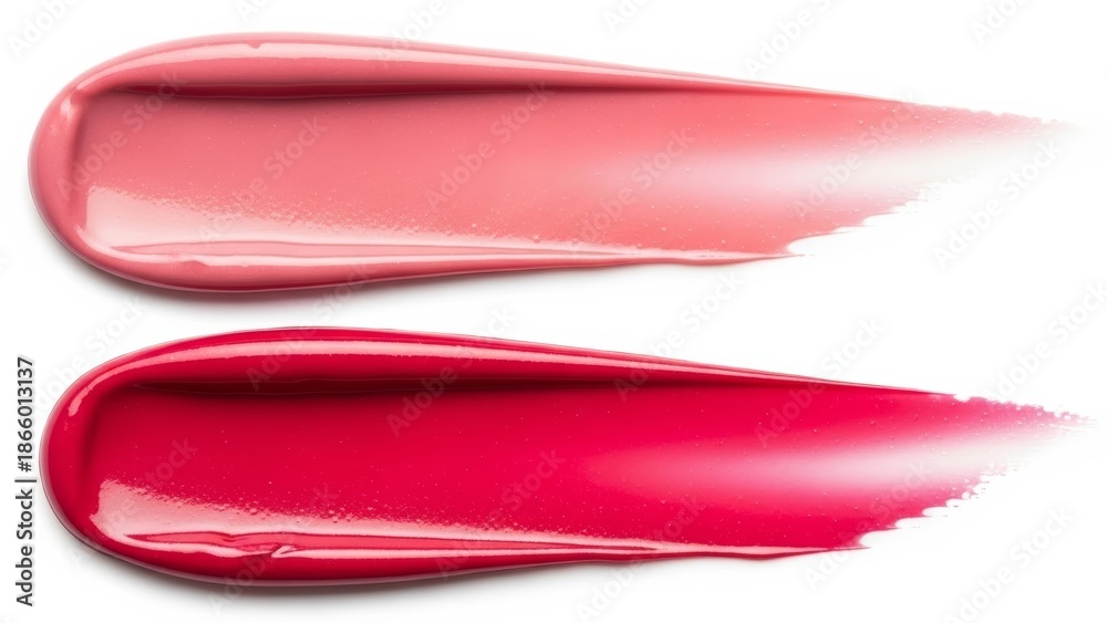 Obraz premium Pink and red lipgloss swatches showing color range on white background