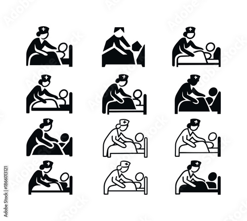 Nurse Care Icon Set. Nurses Caring for Patients in Hospitals. Icon set. Set Logo of Nurses Caring for Patients in Hospitals: nurse placing blanket over