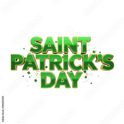 Saint Patrick's Day 3D green text with gold outline and shamrock confetti isolated on transparent or white background, png