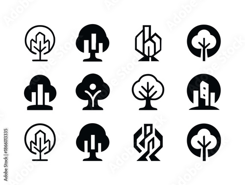 Urban Regeneration Logo Set. Landscape architecture for urban regeneration. Icon set. Set Logo of Landscape architecture for urban regeneration: city tree.