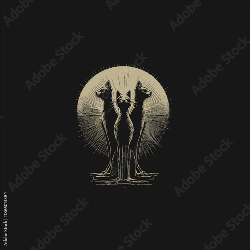 Vintage trio of black cats silhouette in front of a full moon, spooky mystical feline engraving illustration on black background.