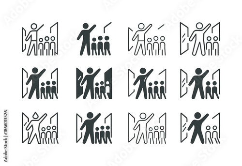Dance Icon Variations. A choreographer teaching a dance class in a studio. Icon set. Set Logo of a choreographer teaching a dance class in a studio: mirrored