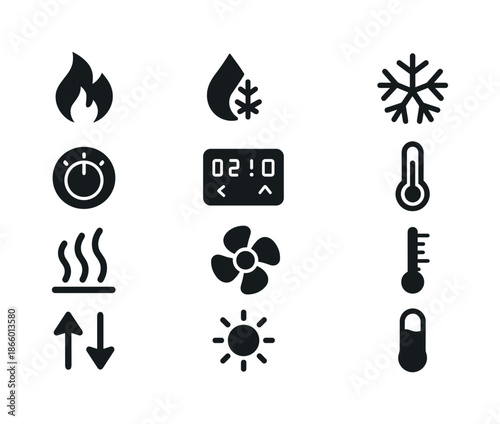 Water Temperature Icons. Water temperature control. Solid icon set of water temperature control: hot icon, cold icon, mixed icon, thermostat knob, digital