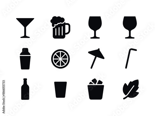 Happy Hour Icons. Happy hour icons. Solid icon set of happy hour icons: cocktail glass, beer mug, wine glass, martini, shaker, citrus slice, umbrella, straw,