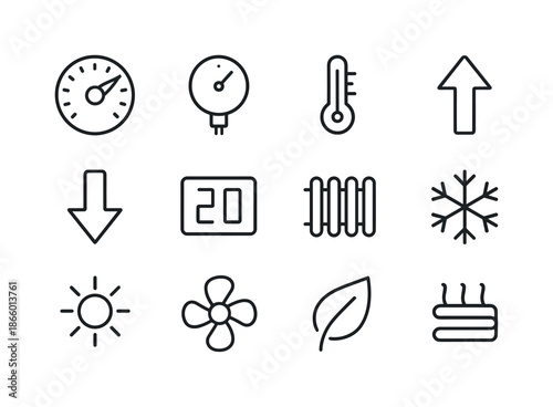 Thermostat Adjustment Icons. Adjusting the thermostat. Line icon set of Adjusting the thermostat: thermostat dial, temperature gauge, thermometer, up arrow,