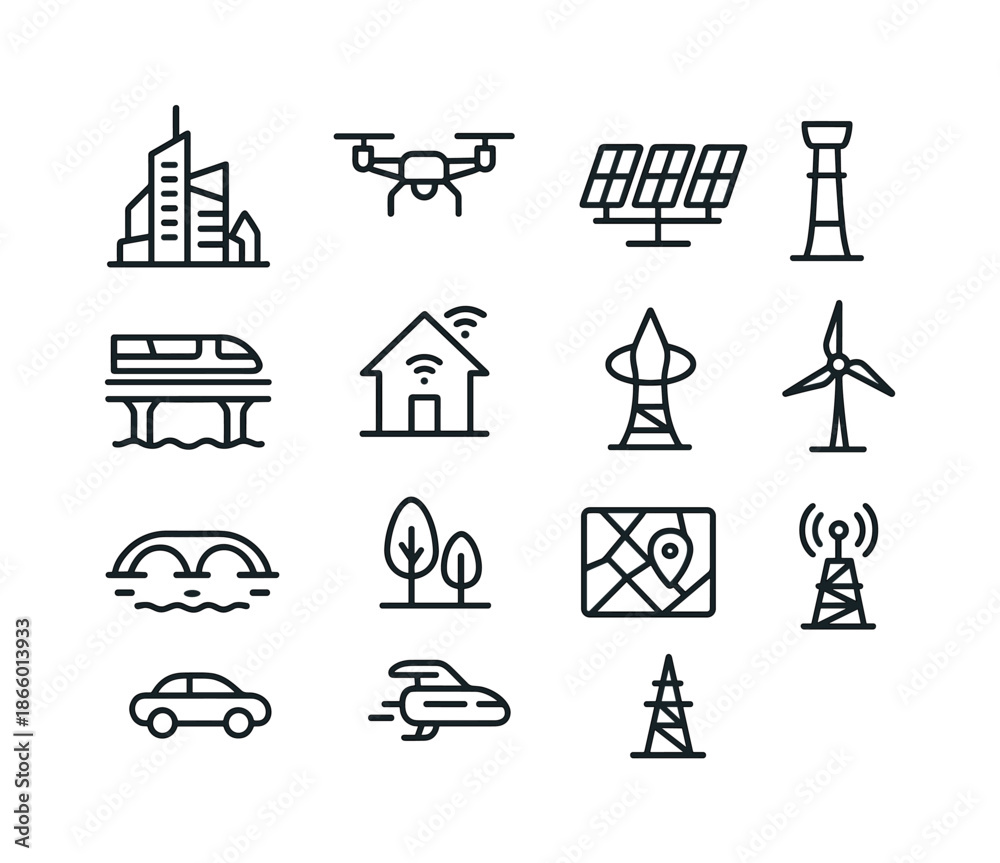 Fototapeta premium Futuristic City Icons. Futuristic cities. Line icon set of Futuristic cities: skyscraper, drone, solar array, elevated rail, smart house, energy tower, bridge,