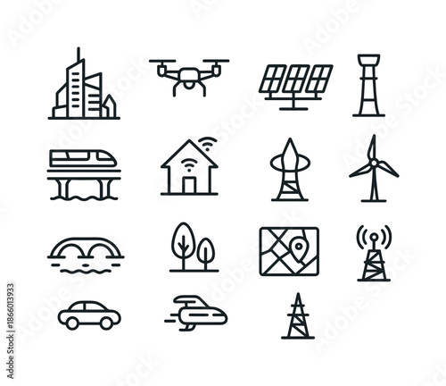 Futuristic City Icons. Futuristic cities. Line icon set of Futuristic cities: skyscraper, drone, solar array, elevated rail, smart house, energy tower, bridge,