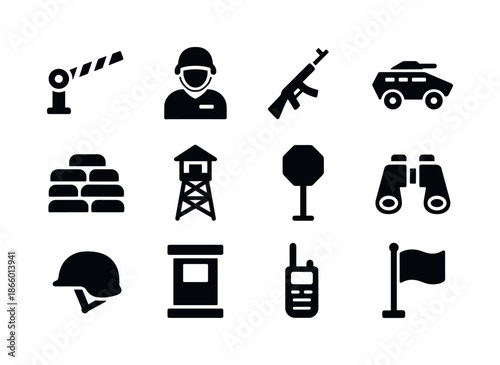 Military Checkpoint Icons. Military Checkpoint. Solid icon set of military checkpoint: barrier gate, soldier, rifle, armored vehicle, sandbag, watchtower, road
