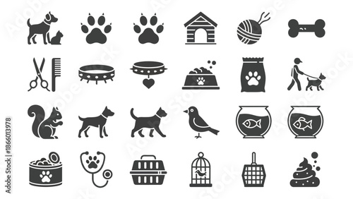 Monochrome glyph icons representing domestic animals and pet care items