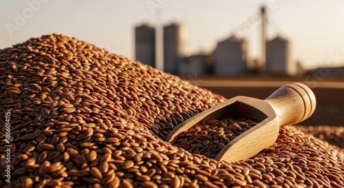 Abundant pile of brown flax seeds with a wooden scoop, harvested in sunlight near distant industrial buildings.
