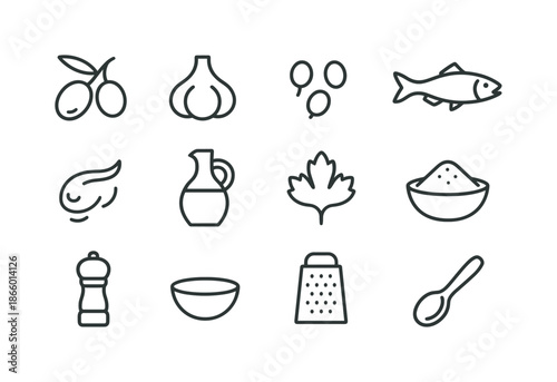 Tapenade Ingredients Icons. Tapenade Ingredients. Line icon set of Tapenade Ingredients: olives, garlic, capers, anchovy, lemon zest, olive oil bottle, parsley