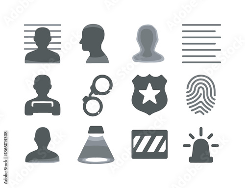 Faded Police Mugshot Icons. Faded police mugshot. Solid icon set of faded police mugshot: front view silhouette, side profile silhouette, blurred face, height