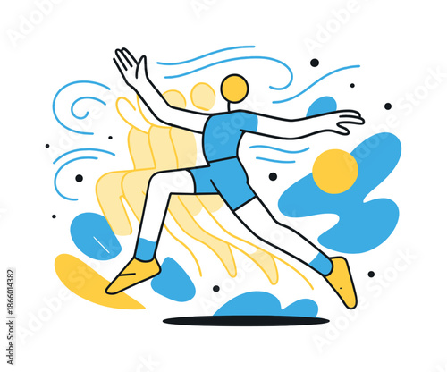 Dynamic Figure Motion. Lean Form in Motion. A figure jumps lightly with extended limbs, leaving translucent echoes behind to show controlled movement. Abstract