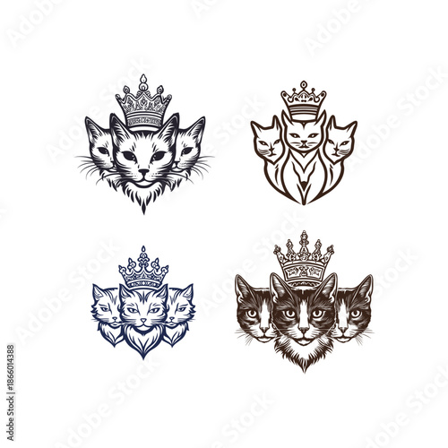 Vintage set of crowned cat heads illustration, hand drawn royal feline engraving collection for heraldic and tattoo design.