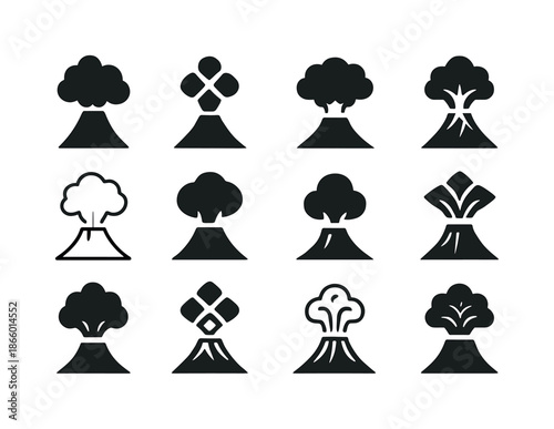 Volcanic Icon Variations. Volcanic eruption. Icon set. Set Logo of Volcanic eruption: ash cloud. harmonious logo variations of the same emblematic concept,