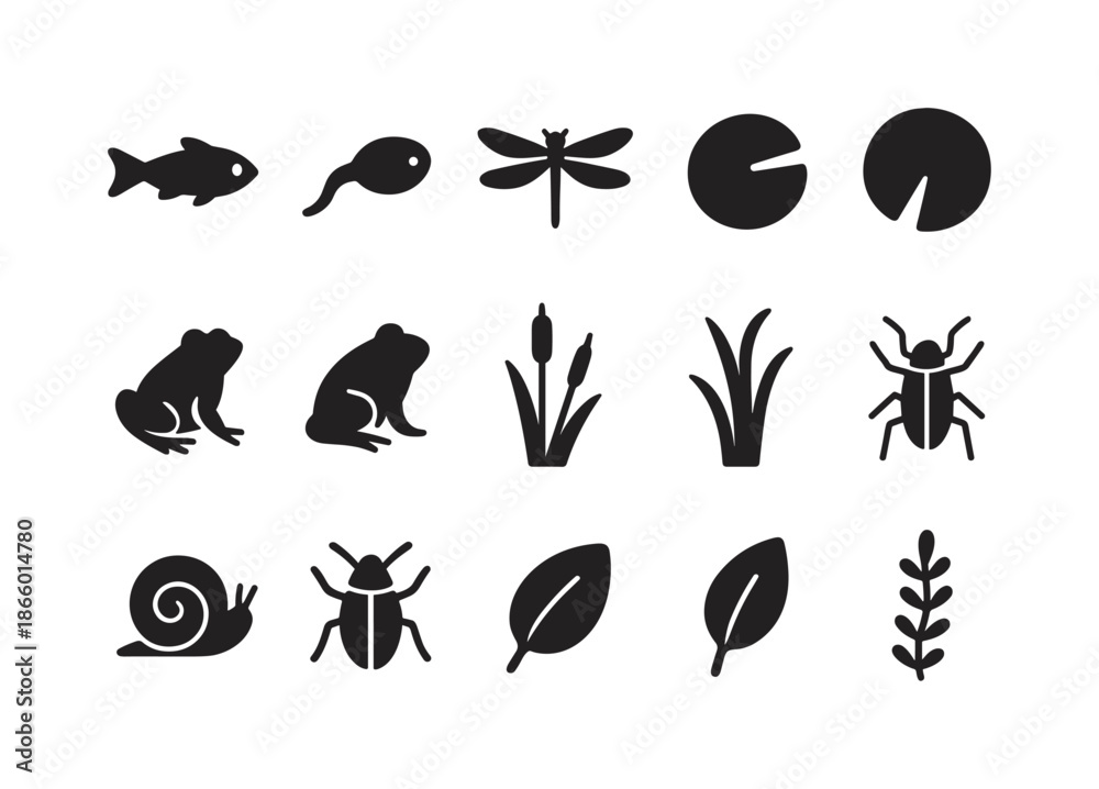 Obraz premium Freshwater Life Icons. Freshwater life. Solid icon set of Freshwater life: small fish, tadpole, dragonfly, lily pad, frog silhouette, cattail plant, reeds,