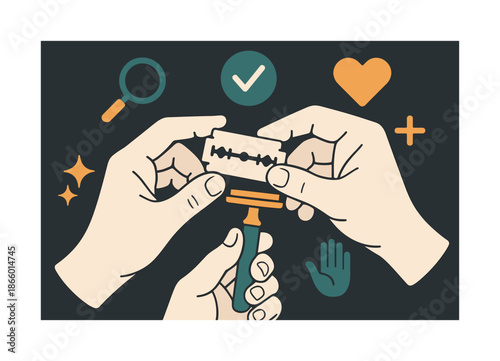 Razor Blade Precision. Razor prep. Hands tighten the razor head and insert a fresh blade, surrounded by floating icons of precision and care. Smooth,