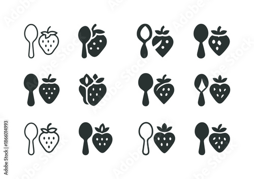 Dessert Icon Variations. Savoring the First Bite of a Delicious Dessert. Icon set. Set Logo of Savoring the First Bite of a Delicious Dessert: spoon and