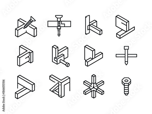 Hybrid Joinery Icons. Hybrid Joinery. Line icon set of Hybrid Joinery: screw into wood, dowel with bolt, metal bracket join, L-joint combo, lap joint with pin,
