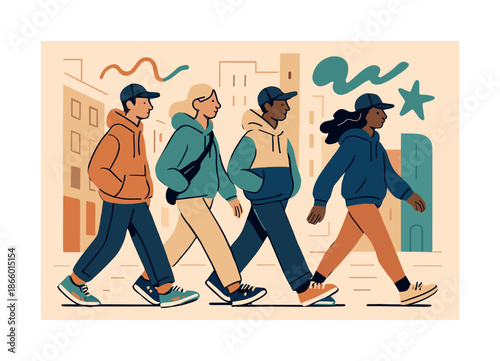 Stylish Streetwear Vibes. People walking on a city street dressed in stylish outfits ? casual streetwear. Hoodies, sneakers, and caps bounce with lively